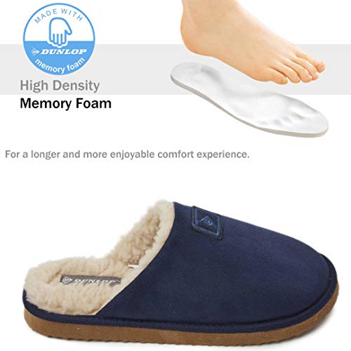 Dunlop Zapatillas Casa Hombre, Memory Foam Pantuflas Peluche Abiertas, Zapatillas De Estar En Casa Invierno Calientes Suela de Goma Dura Interior Exterior,Azul Navy, 44 EU (Talla 10 UK)