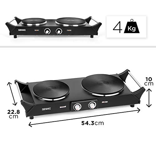 Duronic HP2BK Placa Eléctrica Portátil 2500W con 2 Fuegos (diámetro 187mm y 152mm) - Hornillo Eléctrico con Asas - Calientaplatos ideal para camping, caravana, campo, peroles