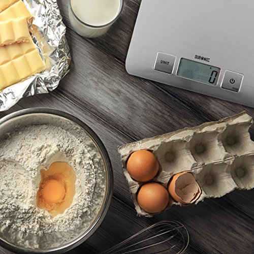 Duronic KS1009 Báscula de cocina digital 16x20cm – Pantalla LDC con lectura de dígitos fácil – Peso máximo 10kg – Función tara – Mide en gramos, libras, onzas fluidas y mililítros – Color gris