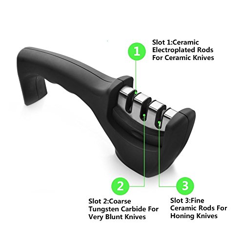 E-PRANCE Afilador de Cuchillos con 3 Etapas Afiladores con el Mango Corto: Esmeril, Acero de Tungsteno, para Afilar Navajas para Afilar Cuchillos Rectos de Embotados Muy Afilados (Negro)