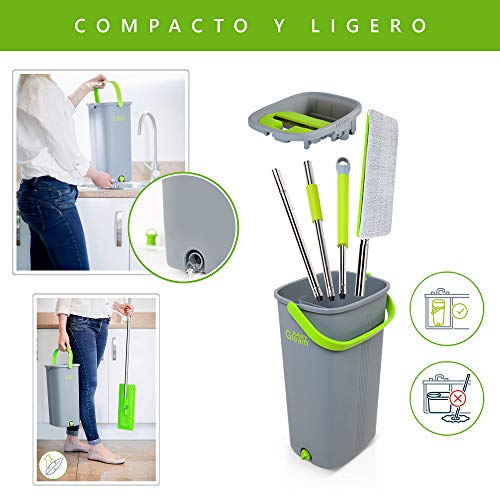 EasyGleam Cubo y Mopa Fregona - Mopa Microfibra, Mango de Acero Inoxidable, Innovador Cubo Doble Compartimento Mojado/Seco – 2 Repuestos Mopa Reutilizables Incluidos, para Todo tipo de Suelos