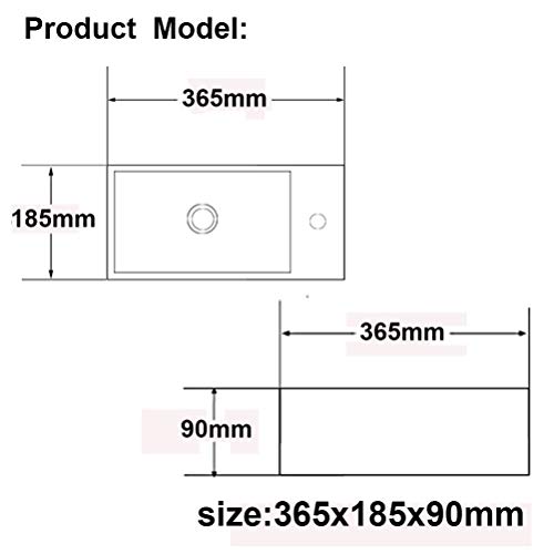 eConnect-EU Pared Mini Lavamanos Baño Cerámico Blanco Lavabo Lujoso en Forma Sobre Encimera sin Desbordamiento para el Baño Lavamanos de Aseo (365 x 185 x 90 mm)