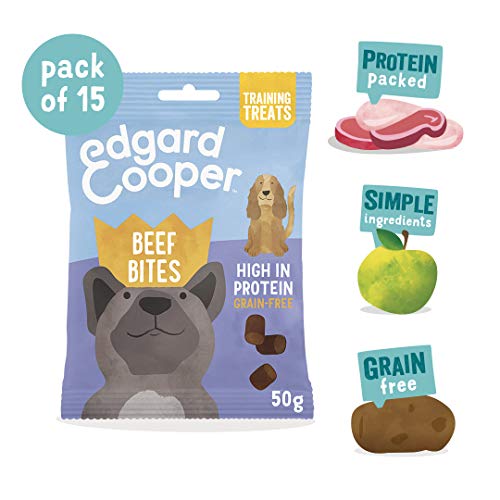 Edgard & Cooper chuches para perros sin cereales con Ternera. Premios naturales ricos en proteínas hasta 85% de carne cocinada al horno con ingredientes simples. Pack de 15x50grs Bolsas Biodegradables