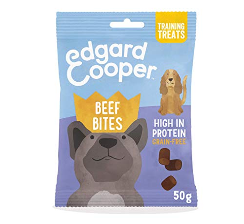 Edgard & Cooper chuches para perros sin cereales con Ternera. Premios naturales ricos en proteínas hasta 85% de carne cocinada al horno con ingredientes simples. Pack de 15x50grs Bolsas Biodegradables