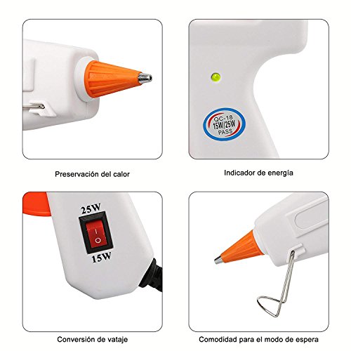 E·Durable Mini Pistola manualidades con 50 Piezas Barras de Pegamento para DIY Pequeño Arte, Empaques, Reparaciones Rápidas y en el hogar, oficina y escuela, (15W~25W, Blanco)