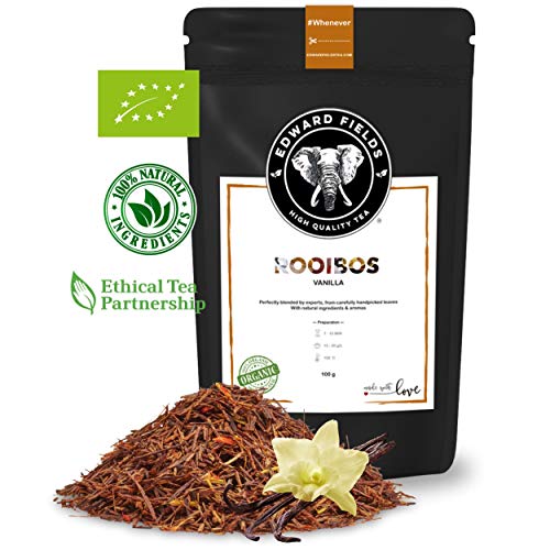 Edward Fields - Rooibos Orgánico de alta calidad con Vainilla. Ingredientes y aromas naturales. Cantidad: 100g. Formato: Granel. Origen: Sudáfrica. Detox, antioxidante.