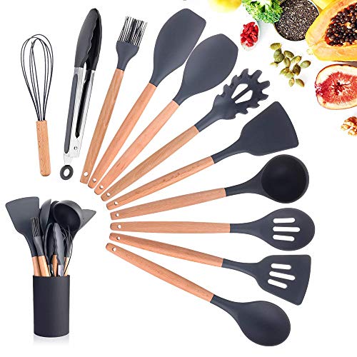 EKKONG Utensilios Cocina de Silicona,12 Piezas Juego de Utensilios de Cocina,Antiadherente con Mango de Madera para Utensilios,No Tóxicas Resistentes Al Calor Utensilios De Cocina Antiadherente