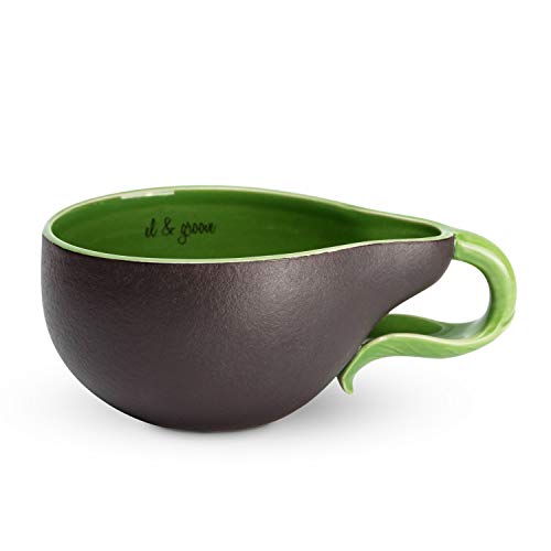 el & groove Taza de Aguacate Verde Grande en 3D, Taza de té de 250 ml (350 ml Llena hasta el Borde), Taza de café de Porcelana en Verde Negro, decoración de Aguacate, Regalo