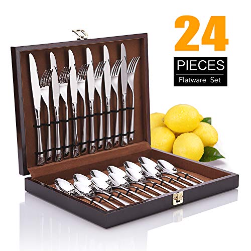 Elegant Life Juego de Cubiertos de Acero Inoxidable de 24 Piezas, Servicio de Mesa para 6 Personas con Cuchillo, Tenedor, Cuchara, Cocina con Caja de Regalo de Madera