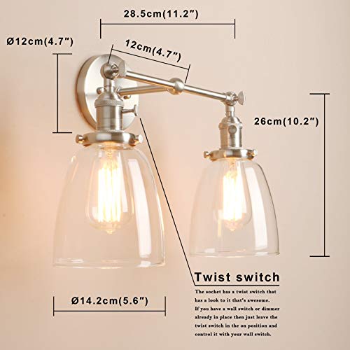 Elegantes industriales Edison dobles de la pared luminoso de la vendimia, cepillado Luminarias Loft Cafe Bar Cocina lámpara de pared de la lámpara, lámparas con pantalla de cristal Campana Luz Clara