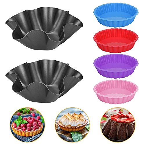 EMAGEREN Molde para Hornear Tartas, 4 Unidades Molde Redondo de Silicona para Hornear Tartas, 2 Unidades Molde para Tartaletas de Acero al Carbono, Antiadherente, Reutilizables, para Hacer Postre