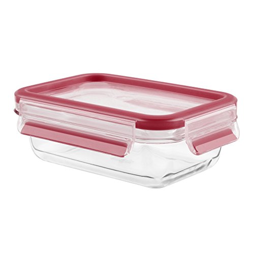 Emsa Clip & Close Conservador Hermético de Cristal de borosilicato Rectangular, higiénico, no retiene olores ni sabores 100% Libre de BPA, Transparente y Rojo, 0.5 L