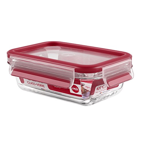 Emsa Clip & Close Conservador Hermético de Cristal de borosilicato Rectangular, higiénico, no retiene olores ni sabores 100% Libre de BPA, Transparente y Rojo, 0.5 L