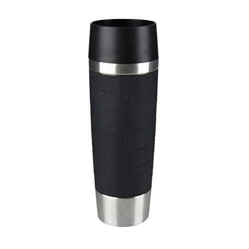 Emsa Travel Mug Grande Taza Termo, 0.5 L, Acero Inoxidable/Silicona, Plateado/Negro