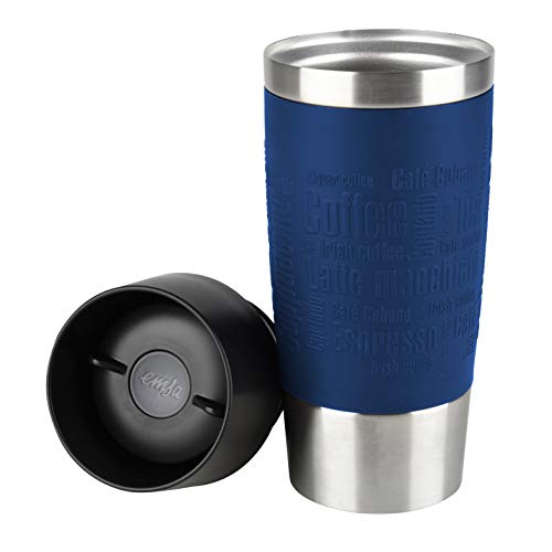 Emsa Travel Mug Taza térmica, Mantiene Calor 4 h y frío 8 h, Acero Inoxidable con Base Antideslizante y Zona de Agarre de Silicona con Letras grabadas, Azul, 8.1 x 8.1 x 20.1 cm