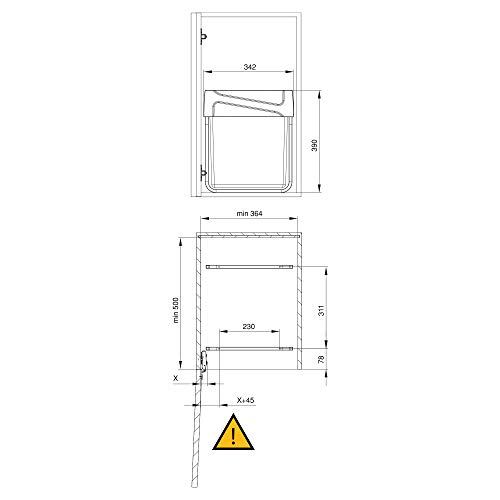 EMUCA - Cubos de Basura con fijación Inferior para Cocina, 2 contenedores de Reciclaje extraibles de 20 L, Capacidad Total 40L (2 x 20 L), Acero y plástico, Gris Antracita.