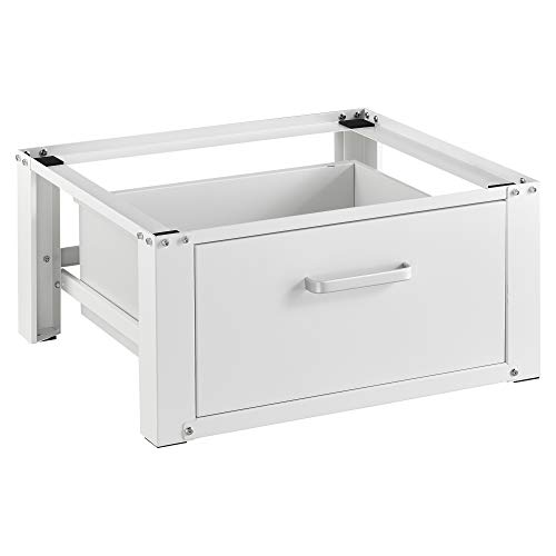 [en.casa] Pedestal para Lavadora con Cajón de Almacenamiento Soporte Mueble 63 x 54 x 31 cm hasta 150 kg Báse Estándar para Lavadora Plataforma Acero Aluminio Blanco