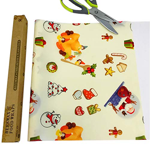 Envoltura de cera de abejas, Eco Cling Film 1 metro por Uni-Right lavable de tela orgánica de corte libre de alimentos, reutilizable rollo paquete de Navidad patrón 33 x 100 cm