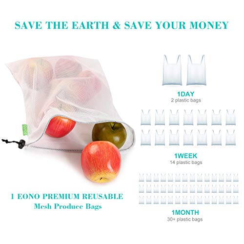Eono by Amazon - Bolsas Compra Reutilizables Ecológicas Bolsa de Malla para Almacenamiento Fruta Verduras Juguetes Lavable y Transpirable 3 Diversos Tamaños, 16 Pcs (4L+8M+4S)