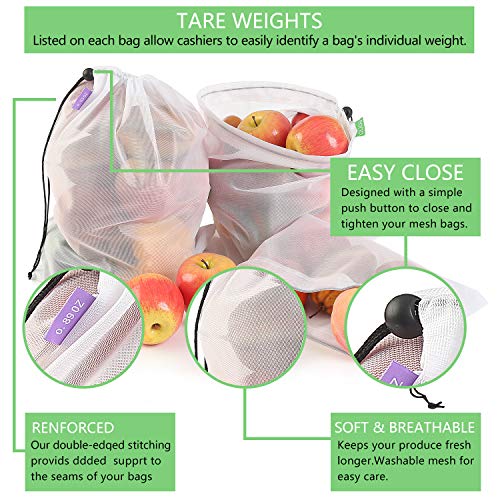 Eono by Amazon - Bolsas Compra Reutilizables Ecológicas Bolsa de Malla para Almacenamiento Fruta Verduras Juguetes Lavable y Transpirable 3 Diversos Tamaños, 16 Pcs (4L+8M+4S)