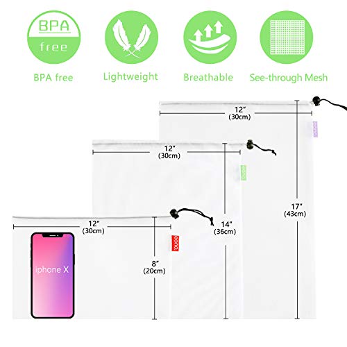 Eono by Amazon - Bolsas Compra Reutilizables Ecológicas Bolsa de Malla para Almacenamiento Fruta Verduras Juguetes Lavable y Transpirable 3 Diversos Tamaños, 9 Pcs (2L+5M+2S)