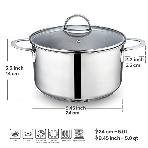 Eono by Amazon Cacerola grande para inducción de acero inoxidable con tapa de vidrio templado y apta para horno y lavavajillas, 24 cm, 5 L, TG-2413