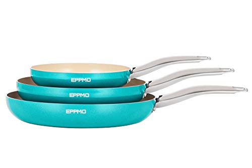 EPPMO Juego de Sartenes Antiadherentes de Aluminio con Recubrimiento Cerámico Resistente a Alta Temperatura Apto para todo tipo de Cocinas incluido Inducción Color Azul Tiffany (20cm, 26cm y 30cm)