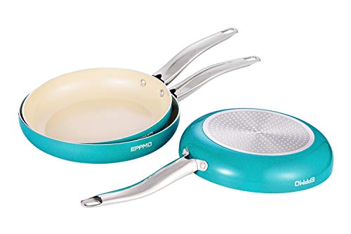 EPPMO Juego de Sartenes Antiadherentes de Aluminio con Recubrimiento Cerámico Resistente a Alta Temperatura Apto para todo tipo de Cocinas incluido Inducción Color Azul Tiffany (20cm, 26cm y 30cm)