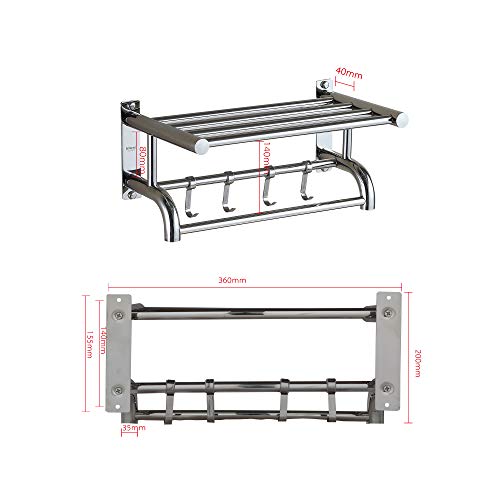 Eridanus Estante de Toallas, Toallero Doble de Acero Inoxidable SUS304 de Pared, Estantería de Almacenamiento para Baño con Barras y Ganchos(40x22,5x19cm)