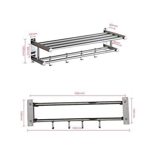 Eridanus Estante de Toallas, Toallero Doble de Acero Inoxidable SUS304 de Pared, Estantería de Almacenamiento para Baño con Barras y Ganchos(60x22,5x16cm)