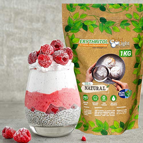 Eritritol 100% Natural Envase Ecologico 1Kg Edulcorante Cero Calorias. Ideal para Reposteria, y Dietas. DulciLight el Sabor Natural del Azúcar.