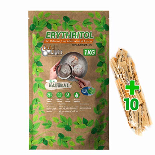 Eritritol 100% Natural Envase Ecologico 1Kg Edulcorante Cero Calorias. Ideal para Reposteria, y Dietas. DulciLight el Sabor Natural del Azúcar.