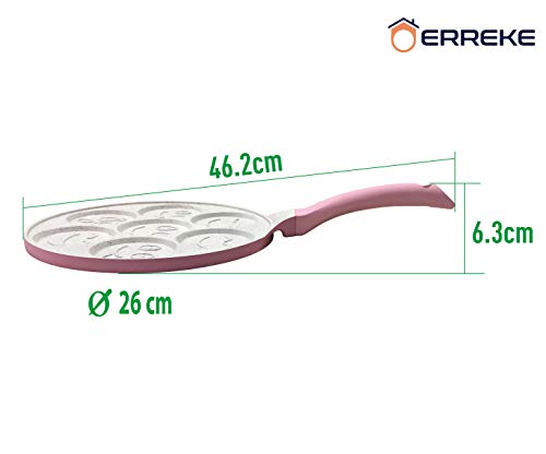 Erreke - Sartén para Tortitas, Molde Tortitas, Todo Tipo de Cocinas Incluso Inducción, Antiadherente, Diseño Caritas, Mango Tacto Suave, Infantil y Divertido, Tamaño 26 cm, Color Rosa