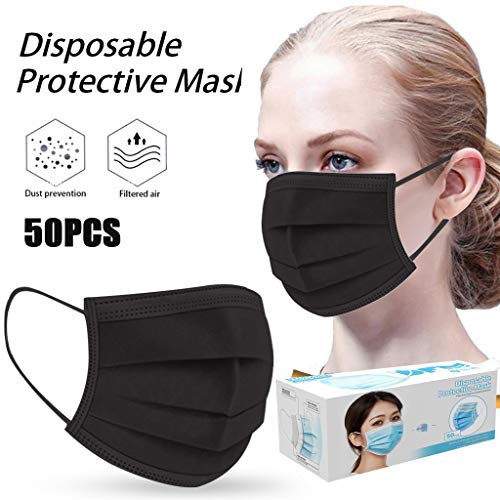 es 50PCS Protección Tres Capas No Tejida Transpirables con Elástico Banda para Los Oídos, Adulto, Morado Negro Pack 50 Unidades