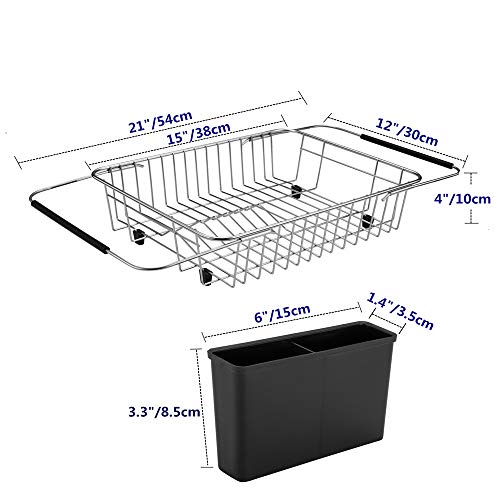 Escurreplatos expandible SANNO para platos, escurreplatos en el fregadero o en la encimera con soporte de almacenamiento para utensilios de plata, acero inoxidable