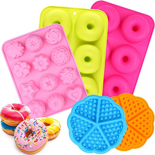 ESHUNQI Moldes de Silicona Donut, 5pcs Juego de Molde de Silicona Donut/Molde de Pastel de gofres Y moldes para Hornear Pasteles de Varias Formas