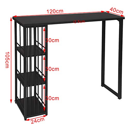 eSituro Mesa de Bar Mesa de Cafetería Mesa de Barra Mesa de Cocina Alta con Estructura de Metal con 3 Estantes 120x40x105cm Negro SBST0402