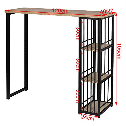 eSituro Mesa de Bar Mesa de Cafetería Mesa de Barra Mesa de Cocina Alta con Estructura de Metal con 3 Estantes 120x40x105cm Roble Claro SBST0403