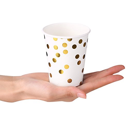 esonmus 100PCS Vaso de Papel Desechable, Disposable Cups 9 oz, Golden Polka Dot Disposable Beverage Cups, Apto para Bebidas Frías y Calientes