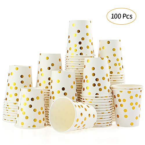 esonmus 100PCS Vaso de Papel Desechable, Disposable Cups 9 oz, Golden Polka Dot Disposable Beverage Cups, Apto para Bebidas Frías y Calientes