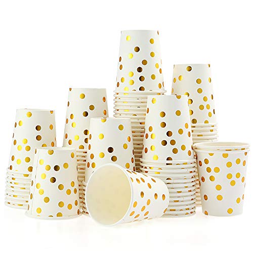 esonmus 100PCS Vaso de Papel Desechable, Disposable Cups 9 oz, Golden Polka Dot Disposable Beverage Cups, Apto para Bebidas Frías y Calientes