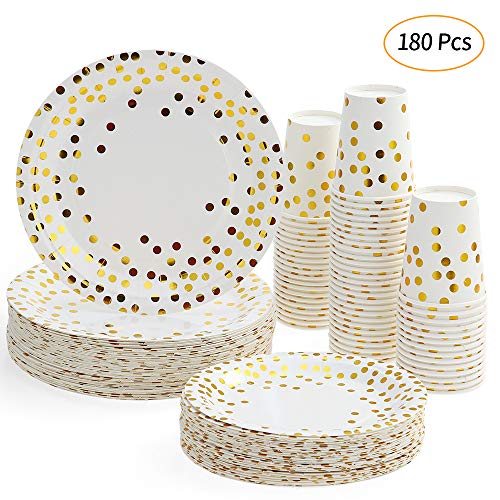 esonmus Vajilla Desechable 180 Piezas （60pcs 9oz Paper Cups + 60pcs 7" Bandeja de Papel + 60pcs 9" Platos de Postre） Lunares Dorados Platos Redondos Copas para Bebidas Platos de Cena