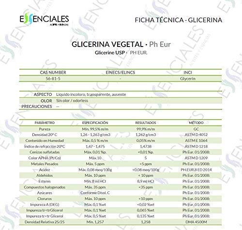 Essenciales - Glicerina Vegetal USP/Ph.Eu, Pureza Certificada, 1 Litro (1,26 Kgs) | Glicerina Vegetal USP/Ph.Eur VG Base