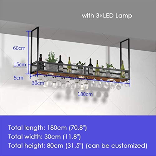 Estante para Vinos, Estante para Vinos Montado En La Pared De Metal/Hierro con Foco LED, Estante para Almacenamiento De Barras De Madera Maciza, Gabinete para Vinos Industrial,180 * 30 * 80cm