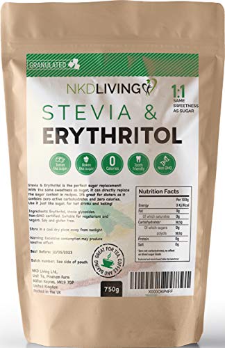 Estevia y eritritol - sustituto natural granulado del azúcar con cero calorías en proporción 1:1 - 750 g