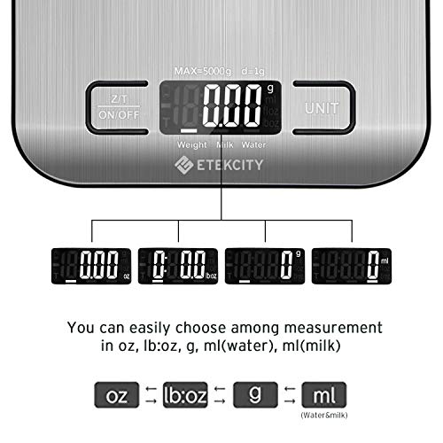 Etekcity Báscula de Cocina Digital de Precisión, Balanza Cocina de Acero Inoxidable 5 kg/ 11 lbs, Peso Cocina Multifuncional, Pantalla LCD, 2 Baterías Incluidas