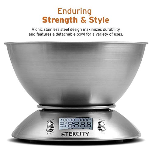 Etekcity Báscula Digital para Cocina con Bol Removible, 5 kg / 11 lbs, Balanza de Cocina de Acero Inoxidable, Temporizador y Sensor de Temperatura, Pantalla LCD, EK4150