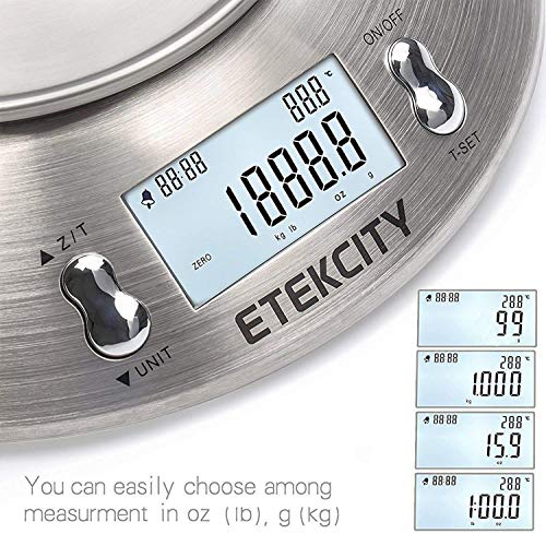 Etekcity Báscula Digital para Cocina con Bol Removible, 5 kg / 11 lbs, Balanza de Cocina de Acero Inoxidable, Temporizador y Sensor de Temperatura, Pantalla LCD, EK4150