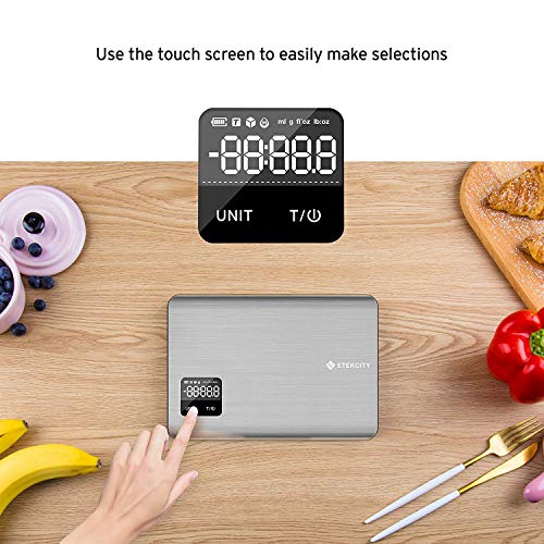 ETEKCITY EK7017 Báscula Digital para Cocina con Pantalla Táctil, Balanza de Alimentos Multifuncional, 5 kg / 11 lbs, Acero Inoxidable de Grado Alimenticio 304, Plata (Baterías Incluidas)