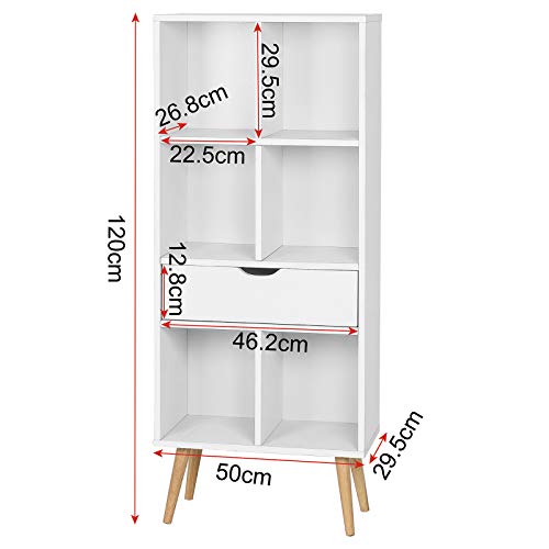 EUGAD Estantería para Libros Estante Separador de Espacios Estantería para Archivos Estantería de Almacenamiento Estantería de Pie con Cajón, 6 Compartimentos, 50x29,5x120cm, Blanco 0010SHG